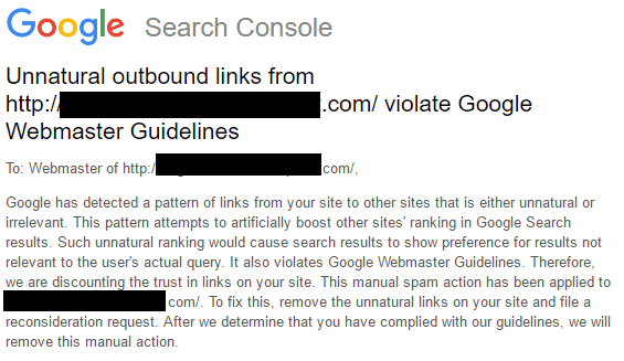 An example letter from Google about a manual penalty