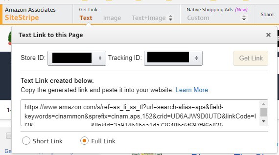 Screenshot of Amazon Sitestrip generating a URL to paste on a website