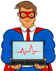 Superhero illustration holding a laptop with image of a heartbeat.