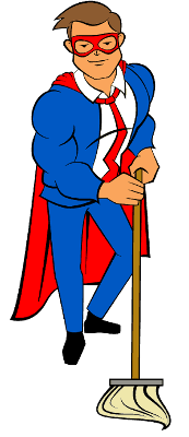 The Blog Fixer mascot with a broom
