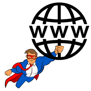 Illustration of a man with a cape and mask flying with holding the letters www