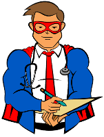 Illustration of a superhero with a clipboard and pencil.