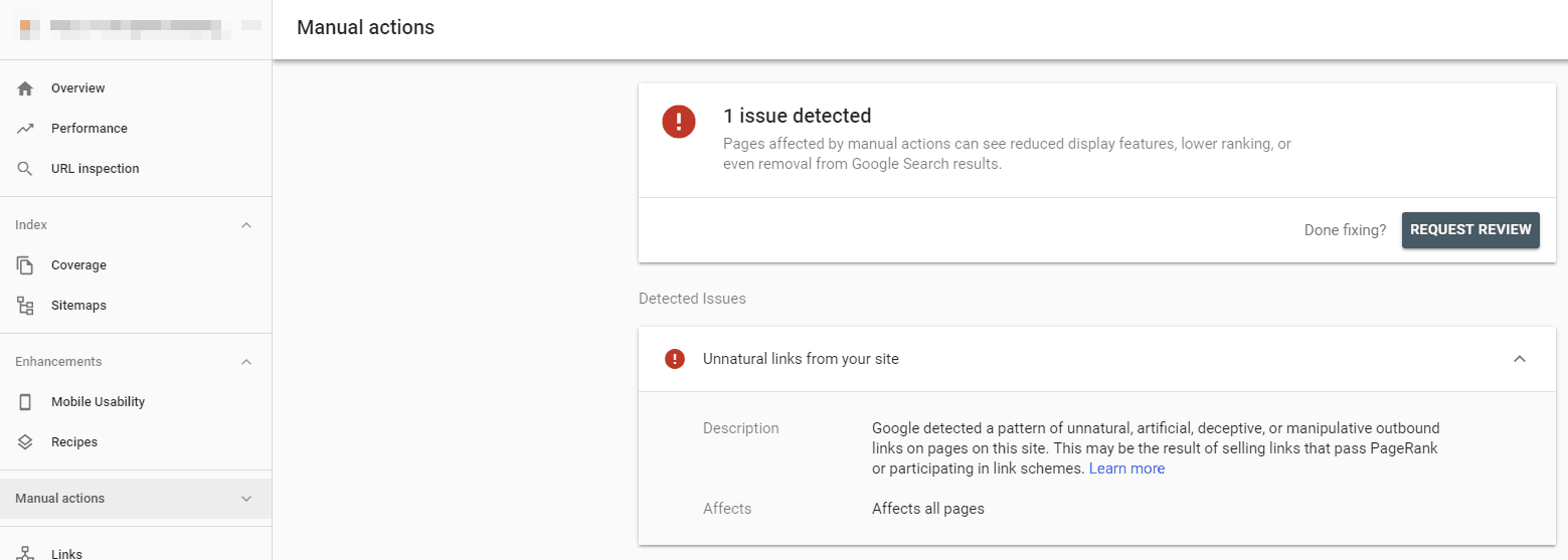 Screenshot of issues detected alert from Google