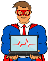 The Blog Fixer mascot holding a laptop with an EKG graph on it.