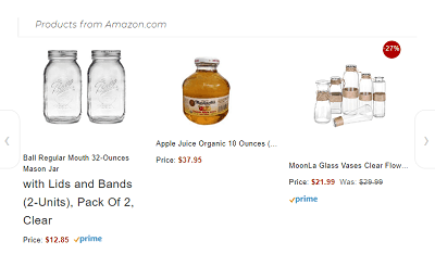 Mason jars, apple juice, and glass vases in an Amazon carousel.