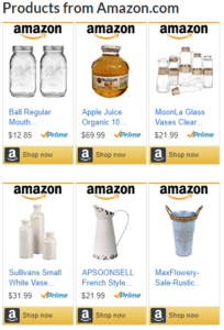 Amazon products displayed with price, a Prime symbol, and a "Shop now" button.