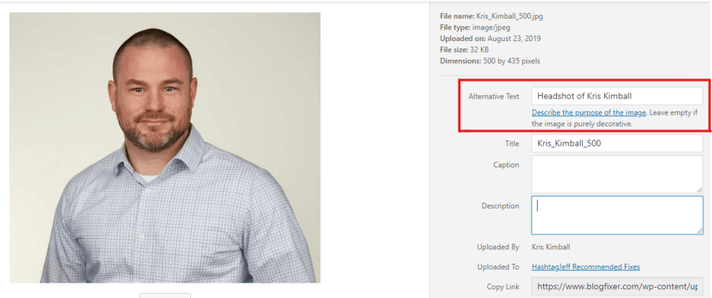 Screenshot of the WordPress Media Library with the Alt Text box called out with a red box