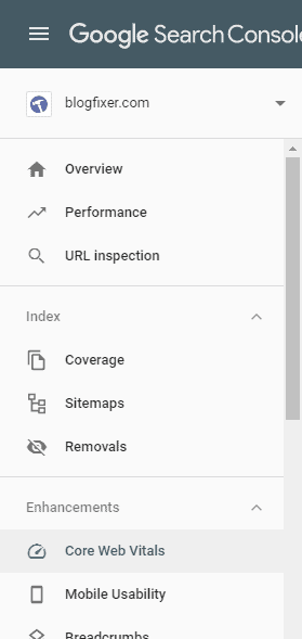 Screenshot of Search COnsole menu with Core Web Vitals highlighted under Enhancements