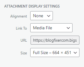 Attachment Display Settings with the Link To field set to Media File