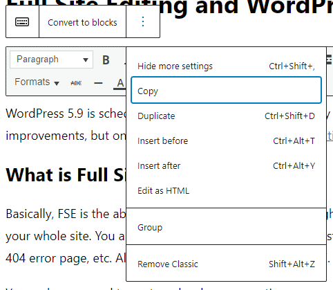 Gutenberg dropdown screen with Edit as HTML as an option