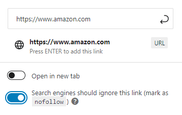 Link to Amazon with the nofollow toggle activated