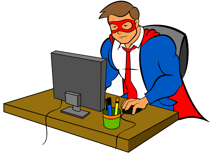 The Blog Fixer mascot sitting at a computer desk